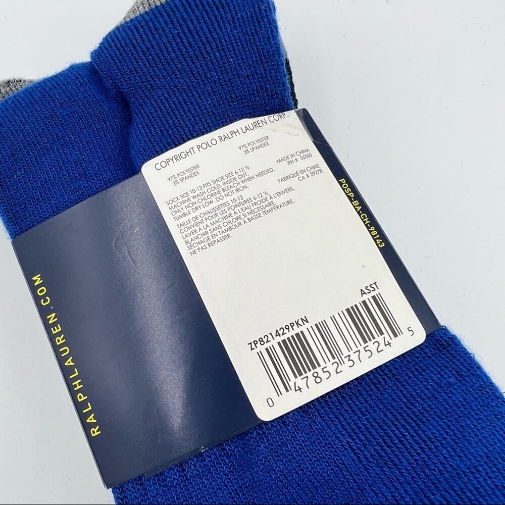 Polo Ralph Lauren Classic Sport Blue Yellow Grey 3 Pairs Crew Socks Size 10-13 - Picture 5 of 5
